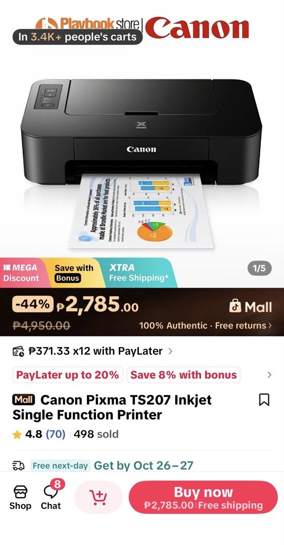 Canon Pixma TS207 Inkjet Single Function Printer (Category: Printers, Scanners & Copiers) located in Las Pinas. Submitted by bubblesmarble (Listing ID 1470202720, Image 2). Description: -Aug 2026 purchased; RFS: to upgrade - Model: Canon Pixma TS207 Single Function Inkjet Printer (Black) - Compact and space-saving design, perfect for small desks - Scratch and fingerprint-resistant surface for a clean look - Uses affordable cartridges ideal for ev
