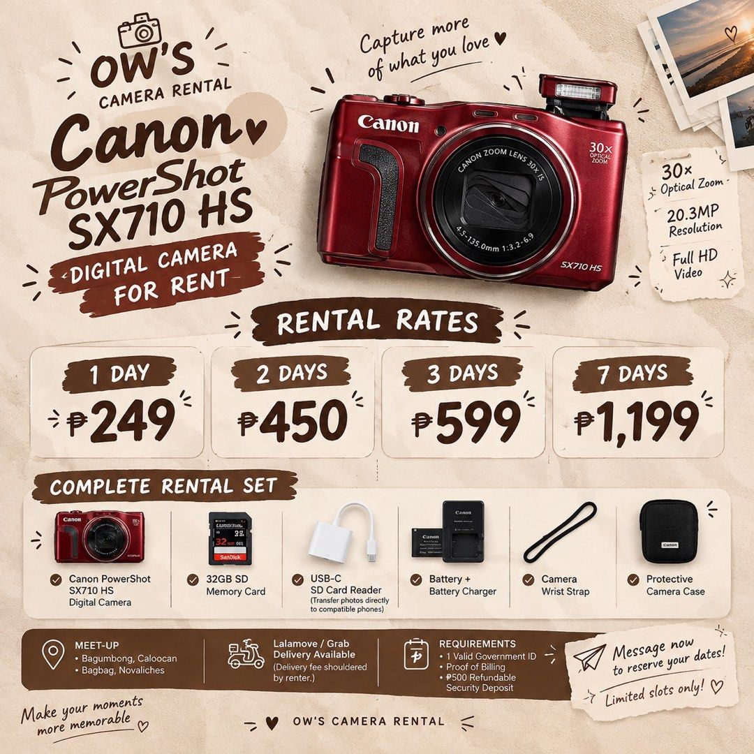 Canon PowerShot SX710 HS Digital Camera for Rent (Category: Cameras) located in Caloocan City. Submitted by declutter.oli (Listing ID 1470205381, Image 1). Description: 📸 Canon PowerShot SX710 HS Digital Camera for Rent 📸 Looking for a digicam for your next trip, concert, café date, graduation, birthday, beach getaway, or IG dump? ✨ Capture your favorite moments with the Canon PowerShot SX710 HS! ❤️ With its 30× optical zoom and 20.3MP resoluti