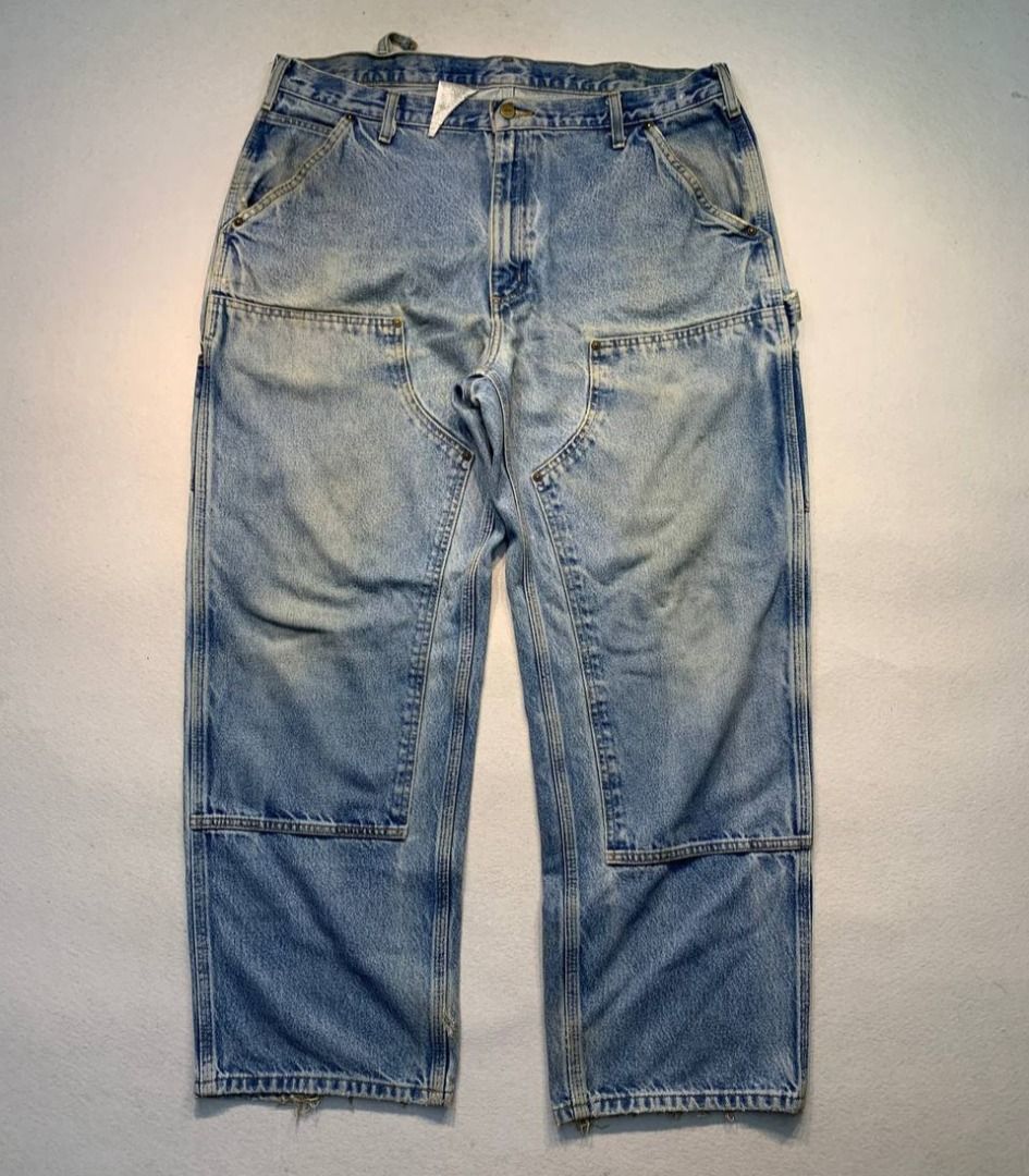 Carhartt B73 DST Double Knee (Category: Jeans) located in Mandaluyong City. Submitted by theroom501 (Listing ID 1470320210, Image 2). Description: Carhartt B73 DST Double Knee Style Code:B73 Size on Tag: 38 Color: Denim Condition: Good pre-owned condition with a heavily distressed vintage look. Flaws/Issues: Distressing and damage around the seat area & Belt loops need stitching and repair Visible yellow staining on the fabric. Flat Lay Measureme