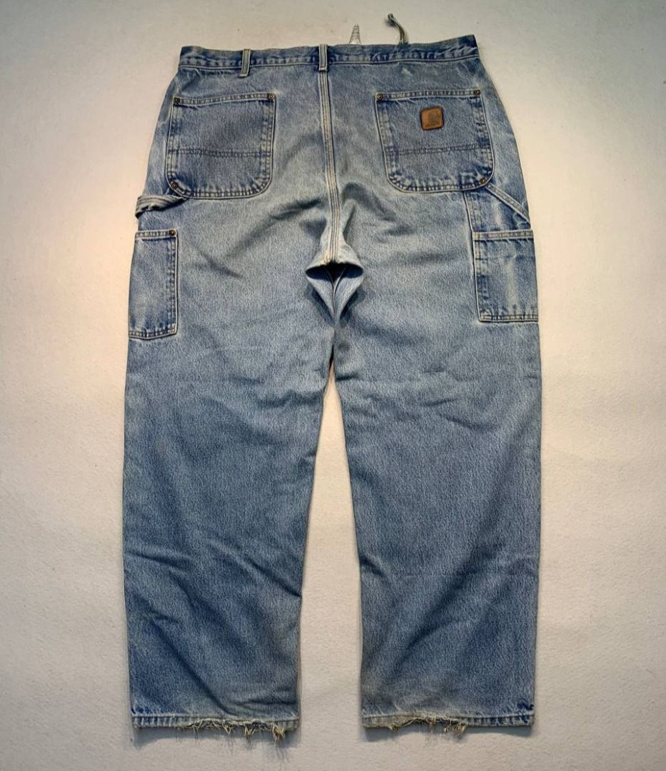 Carhartt B73 DST Double Knee (Category: Jeans) located in Mandaluyong City. Submitted by theroom501 (Listing ID 1470320210, Image 1). Description: Carhartt B73 DST Double Knee Style Code:B73 Size on Tag: 38 Color: Denim Condition: Good pre-owned condition with a heavily distressed vintage look. Flaws/Issues: Distressing and damage around the seat area & Belt loops need stitching and repair Visible yellow staining on the fabric. Flat Lay Measureme