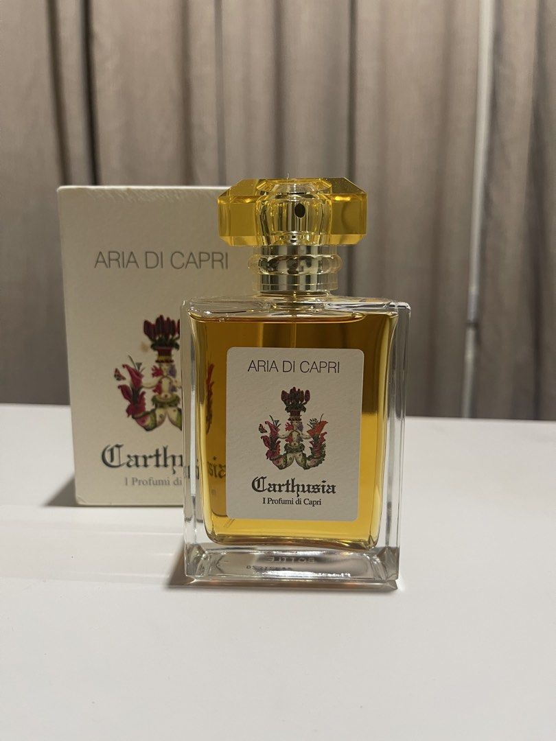 Carthusia Aria Di Capri Perfume (Category: Fragrance & Deodorants) located in Quezon City. Submitted by kirez (Listing ID 1470240483, Image 1). Description: Carthusia Aria Di Capri fragrance. Includes the original white box and yellow geometric cap. Golden amber liquid inside the clear glass bottle. Classic label design on the front. Great niche scent from Italy. Unsprayed.