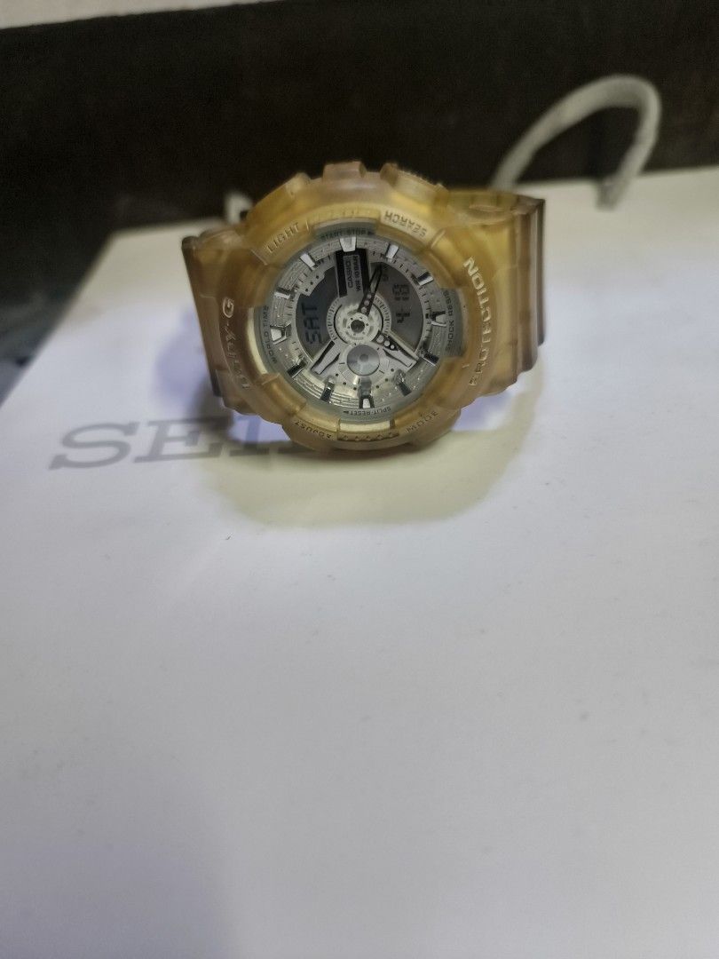 Casio Baby-G BA-110 Analog Digital Watch (Category: Women's Watches) located in Caloocan City. Submitted by watch-orig (Listing ID 1470265750, Image 2). Description: - Model: Casio Baby-G BA-110 - Design: Semi-transparent yellow resin strap and bezel - Display: Analog and digital dial with amber backlight - Movement & Durability: Quartz movement, stainless steel case back, 10 bar water resistance - Condition: Normal wear on the translucent resin 