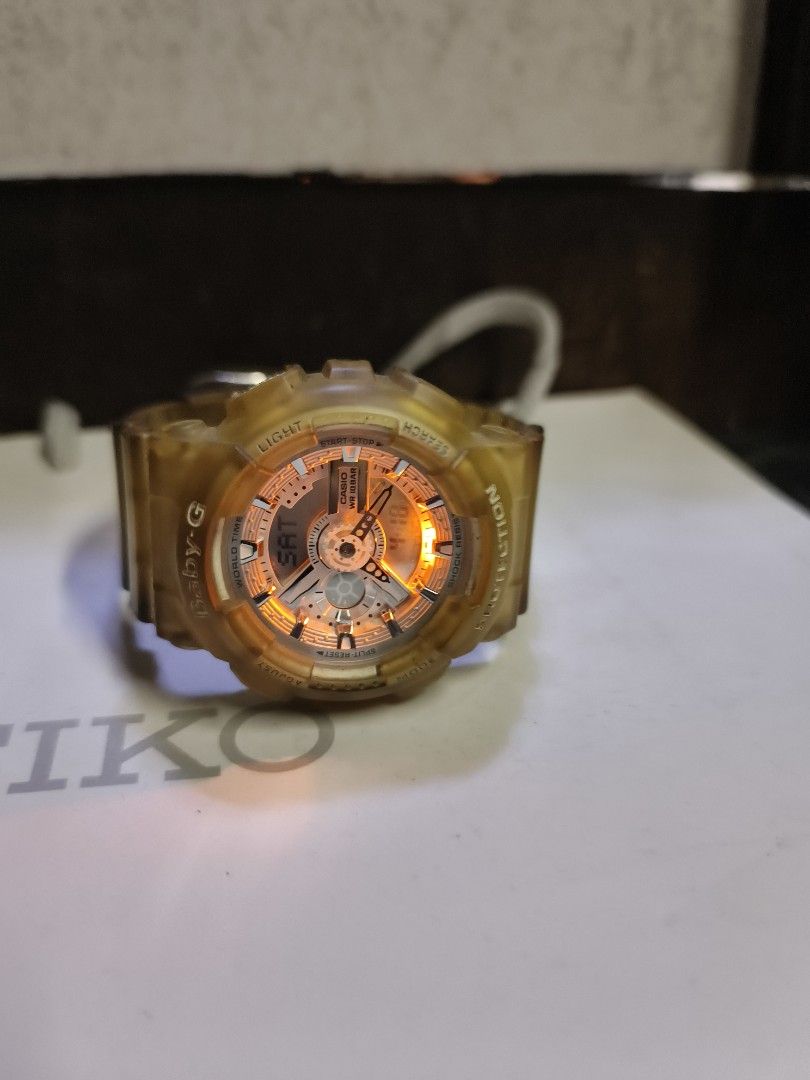 Casio Baby-G BA-110 Analog Digital Watch (Category: Women's Watches) located in Caloocan City. Submitted by watch-orig (Listing ID 1470265750, Image 1). Description: - Model: Casio Baby-G BA-110 - Design: Semi-transparent yellow resin strap and bezel - Display: Analog and digital dial with amber backlight - Movement & Durability: Quartz movement, stainless steel case back, 10 bar water resistance - Condition: Normal wear on the translucent resin 