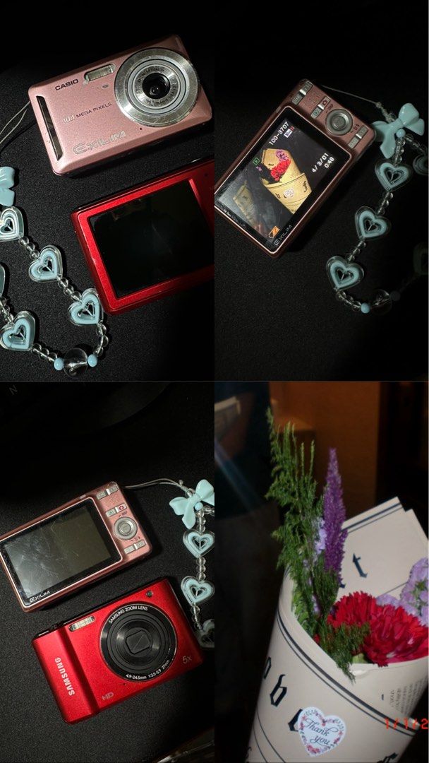 Casio Exilim and Samsung Digital Cameras Bundle (Category: Cameras) located in Manila. Submitted by soju_wev (Listing ID 1470158331, Image 1). Description: - Y2K digital camera bundle featuring two working units - Casio Exilim (10.1 MP, rose gold, noticeable screen scratches) - Samsung camera (red, 5x optical zoom lens) - Both units tested and capture photos well - Includes a cute blue beaded strap with heart charms - Note: Batteries and chargers