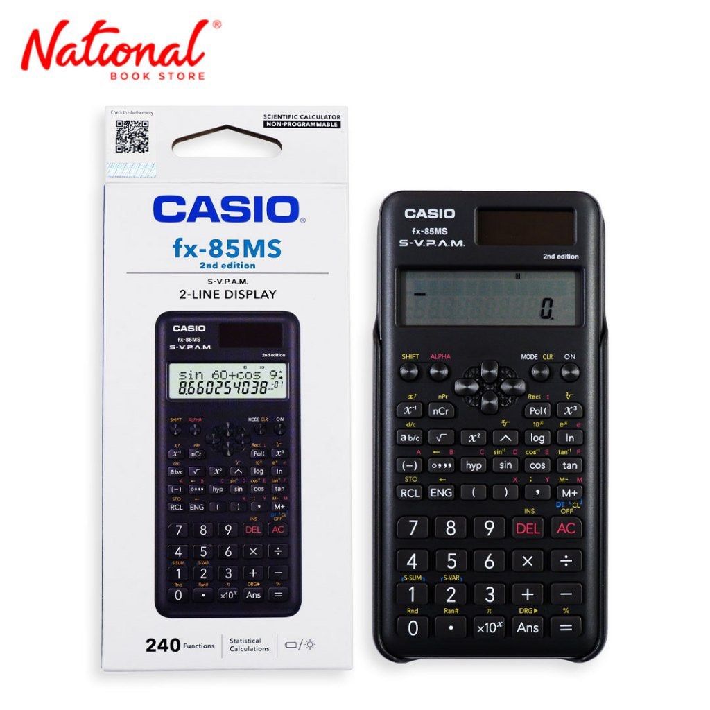 Casio fx-85MS 2nd Edition Scientific Calculator (Category: Office & Business Technology) located in Bauan. Submitted by danadtngn (Listing ID 1470280100, Image 1). Description: - Model: Casio fx-85MS 2nd Edition Scientific Calculator - PRC allowed for board exams! - Condition: Excellent working condition with clean screen and buttons. Opened but never used. - Features: 240 functions, two-line display, and statistical calculations - Power: Dual-po