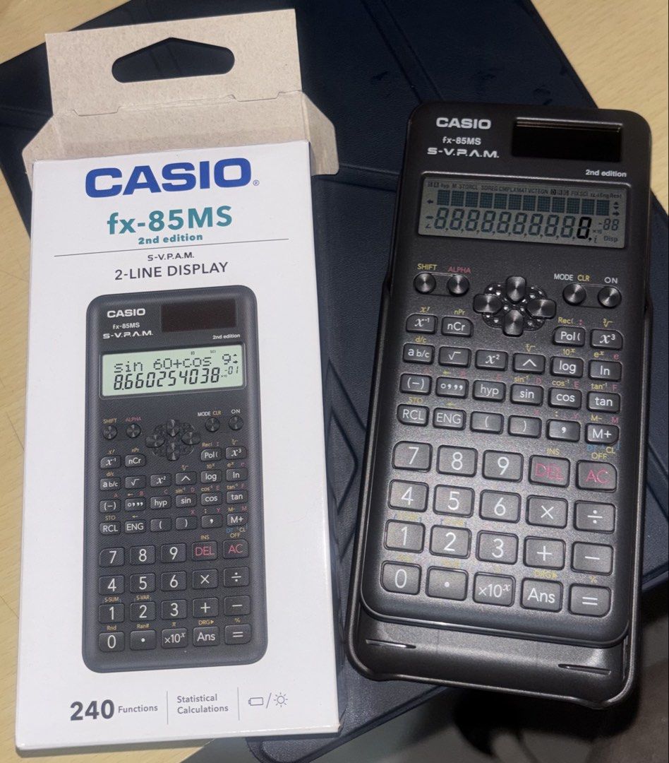 Casio fx-85MS 2nd Edition Scientific Calculator (Category: Office & Business Technology) located in Bauan. Submitted by danadtngn (Listing ID 1470280100, Image 3). Description: - Model: Casio fx-85MS 2nd Edition Scientific Calculator - PRC allowed for board exams! - Condition: Excellent working condition with clean screen and buttons. Opened but never used. - Features: 240 functions, two-line display, and statistical calculations - Power: Dual-po