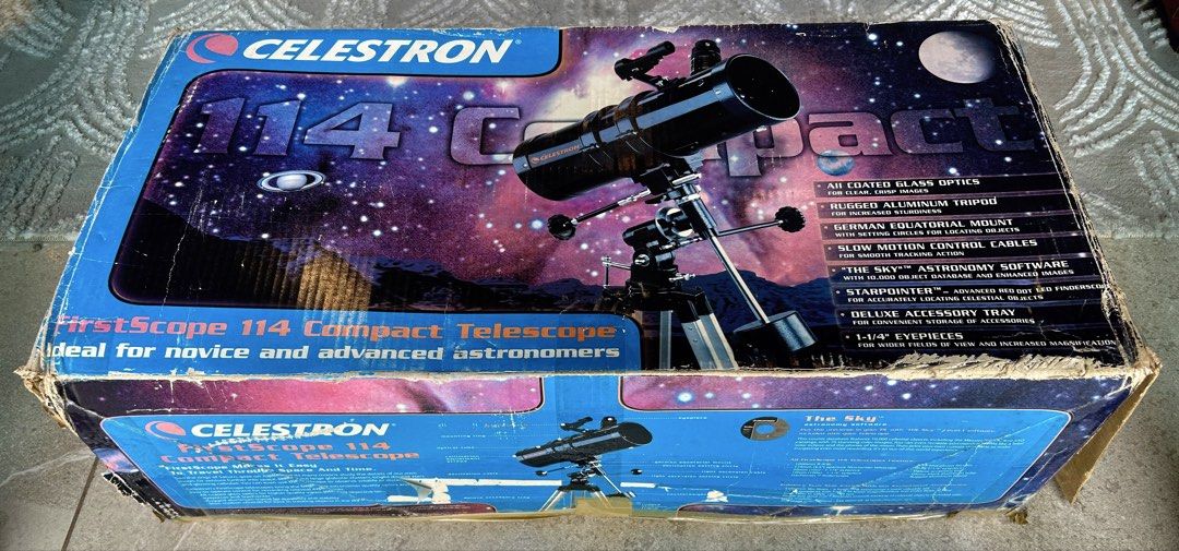 Celestron FirstScope 114 Compact Telescope (Complete Set / Good Condition) (Category: Everything Else Others) located in Manila. Submitted by cjv71 (Listing ID 1470160812, Image 1). Description: Description: a genuine Celestron FirstScope 114 Compact Telescope. This is an excellent, highly-rated entry-level telescope perfect for viewing the Moon’s craters and bright deep-sky objects. The entire telescope set is in good condition, well-maintained,