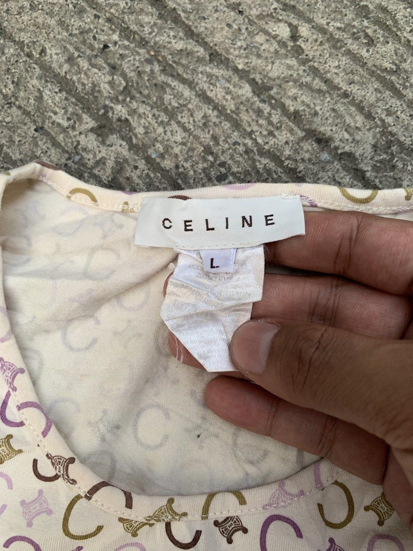 CELINE 2000’s ALL-OVER C MACADAM MONOGRAM T-SHIRT (Category: Shirts) located in Davao. Submitted by thrift_cuttiiee1000 (Listing ID 1470265884, Image 2). Description: Celine 2000s All-Over C Macadam Monogram T-Shirt This piece is a lightweight stretch cotton-blend top produced by Celine during the early 2000s Michael Kors era. It features an intricate, pastel all-over micro-monogram print incorporating the house’s historic ‘C’ motif and Triomphe 