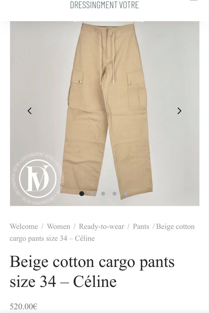Celine Cargo Cotton Pants (Category: Luxury Apparel) located in Manila. Submitted by tindero-ng-damit (Listing ID 1470229641, Image 3). Description: Celine Cargo Cotton Pants Size 40 on tag Waist 28 Length 42 Thigh 13 Hem 10 Like new and flawless.