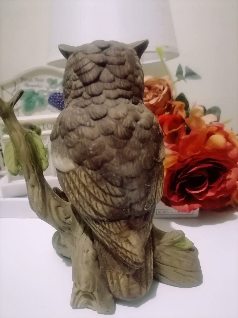 Ceramic Owl Figurine Perched on Tree Branch (Category: Figurines & Statues) located in Malaybalay. Submitted by thevintagevibes (Listing ID 1470181765, Image 2). Description: - Material: High-quality ceramic - Design: Detailed owl sitting on a leafy tree branch with textured brown, grey, and cream feathers - Features: Large round eyes and distinct white facial markings - Size: Approximately 6 inches tall - Condition: Excellent, clean piece with n