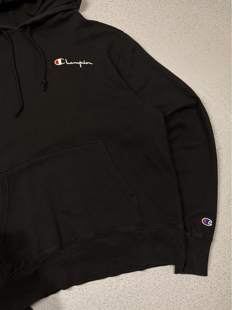 Champion Black Embroidered Script Logo Hoodie (Category: Hoodies) located in Cainta. Submitted by rizalthriftstuff (Listing ID 1470326592, Image 2). Description: Champion Script Hoodie Fave 🔥🔥🔥 Dimes Size: M Width: 24 Length: 27 Color Rate: 10 Condition: 9 No Issue Mine - ₱600 - Authentic Champion classic black hoodie - Signature embroidered script logo on chest and iconic 'C' patch on left sleeve - Warm and cozy heavyweight fleece interior - 