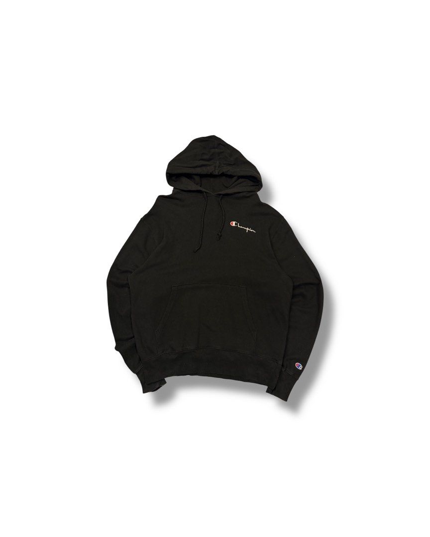 Champion Black Embroidered Script Logo Hoodie (Category: Hoodies) located in Cainta. Submitted by rizalthriftstuff (Listing ID 1470326592, Image 1). Description: Champion Script Hoodie Fave 🔥🔥🔥 Dimes Size: M Width: 24 Length: 27 Color Rate: 10 Condition: 9 No Issue Mine - ₱600 - Authentic Champion classic black hoodie - Signature embroidered script logo on chest and iconic 'C' patch on left sleeve - Warm and cozy heavyweight fleece interior - 