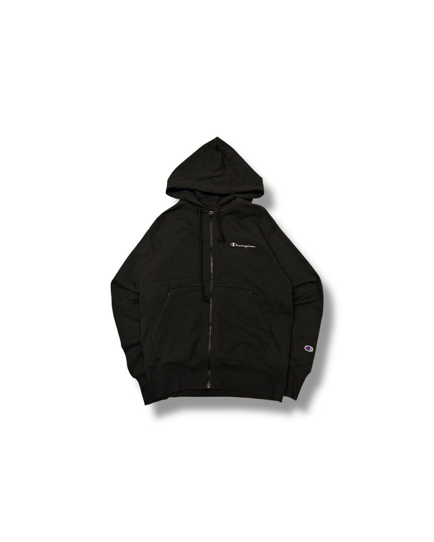 Champion Black Zip-Up Hoodie (Category: Hoodies) located in Cainta. Submitted by rizalthriftstuff (Listing ID 1470327113, Image 1). Description: Champ Zipped Jacket Dimes Size: S Width: 20 Length: 24 Color Rate: 10 Condition: 9 No Issue Mine - ₱400 - Brand: Champion - Style: Zip-up hoodie with drawstring - Color: Black with white embroidered script logo on chest - Size: Small - Details: Classic embroidered 'C' patch on left sleeve, secure front p