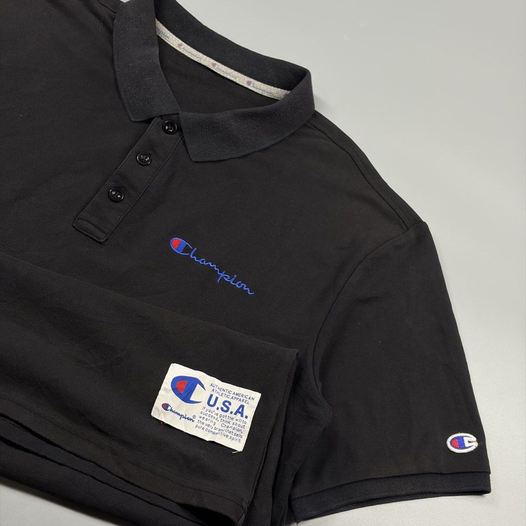 Champion Poloshirt (Category: Activewear) located in Cavite. Submitted by onebeancent (Listing ID 1470345544, Image 3). Description: Size: Large Dimension: 21" Width | 29" Length Color: Black Color Rate: 9/10 Issue: Light Collar Fade Condition: Very Good Price: 280php Additional Shipping Fee (J&T Small Pouch) 75php Luzon 100php visayas 120php mindanao.