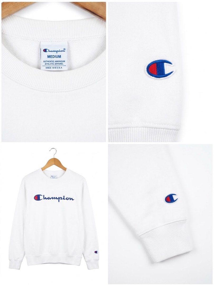 Champion Script Logo Crewneck Sweatshirt – White (Category: Coats, Jackets and Outerwear) located in Manila. Submitted by nadalarchive (Listing ID 1470222581, Image 1). Description: Condition: Pre-owned | Excellent Condition Authentic Champion crewneck sweatshirt featuring the iconic embroidered script logo on the chest and signature Champion “C” logo embroidered on both sleeves. A timeless essential that’s easy to pair with any outfit..