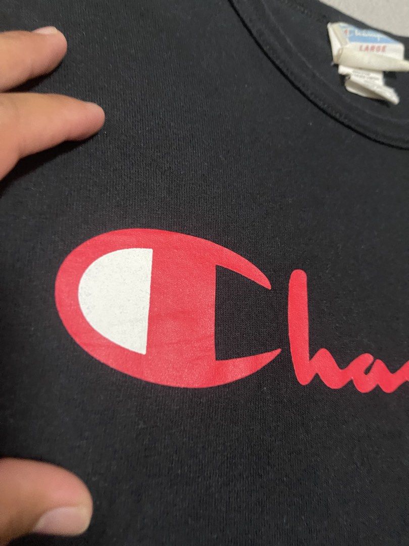 Champion Script Logo Tee (Category: Tshirts & Polo Shirts ) located in Bulacan. Submitted by sanjisthrift (Listing ID 1470203282, Image 3). Description: Size Large Width 20 Length 30 Very Good Condition 9/10.