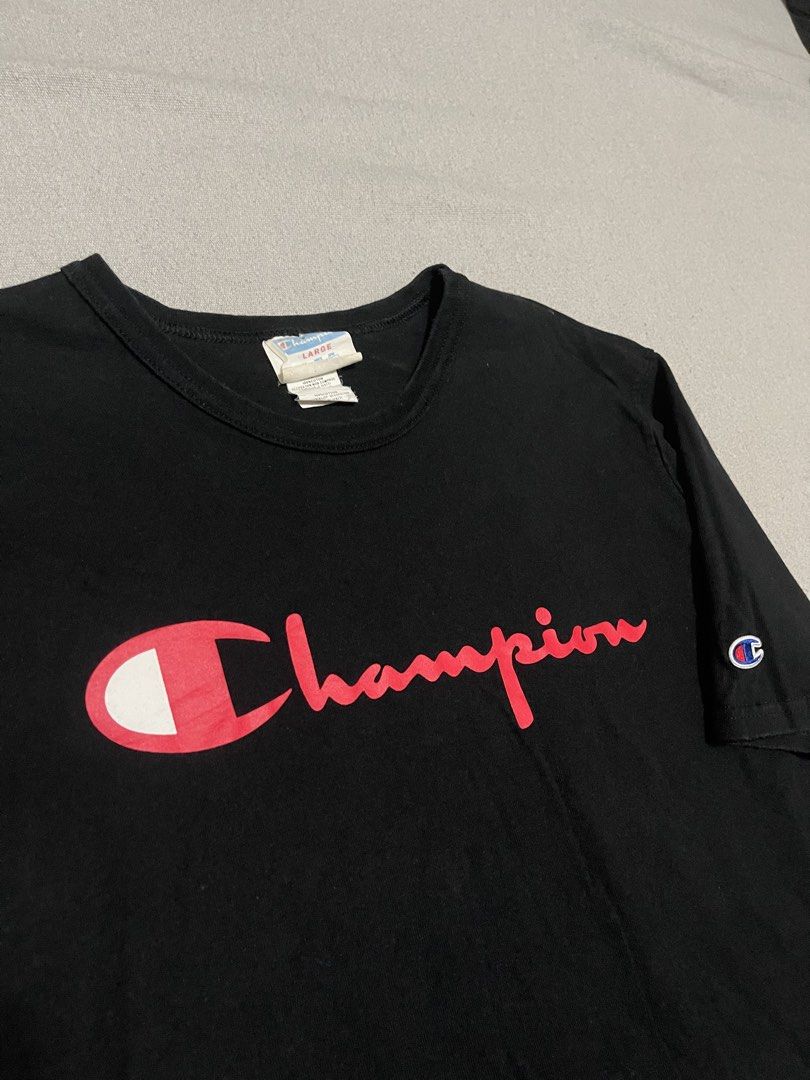 Champion Script Logo Tee (Category: Tshirts & Polo Shirts ) located in Bulacan. Submitted by sanjisthrift (Listing ID 1470203282, Image 2). Description: Size Large Width 20 Length 30 Very Good Condition 9/10.