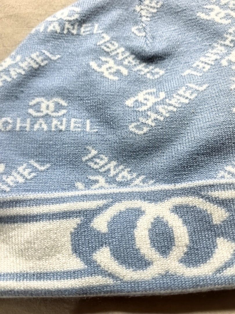 Chanel Blue White Monogram Knit Beanie Hat (Category: Hats & Beanies) located in Tacloban City. Submitted by thead.declutters (Listing ID 1470257202, Image 3). Description: - Color: Light blue - Design: Classic Chanel all-over logo print with folded ribbed cuff - Accent: Large interlocking CC logo right in the center - Interior: Features official Chanel brand label - Material: Soft, cozy knit that keeps you warm in cooler weather - Perfect statem