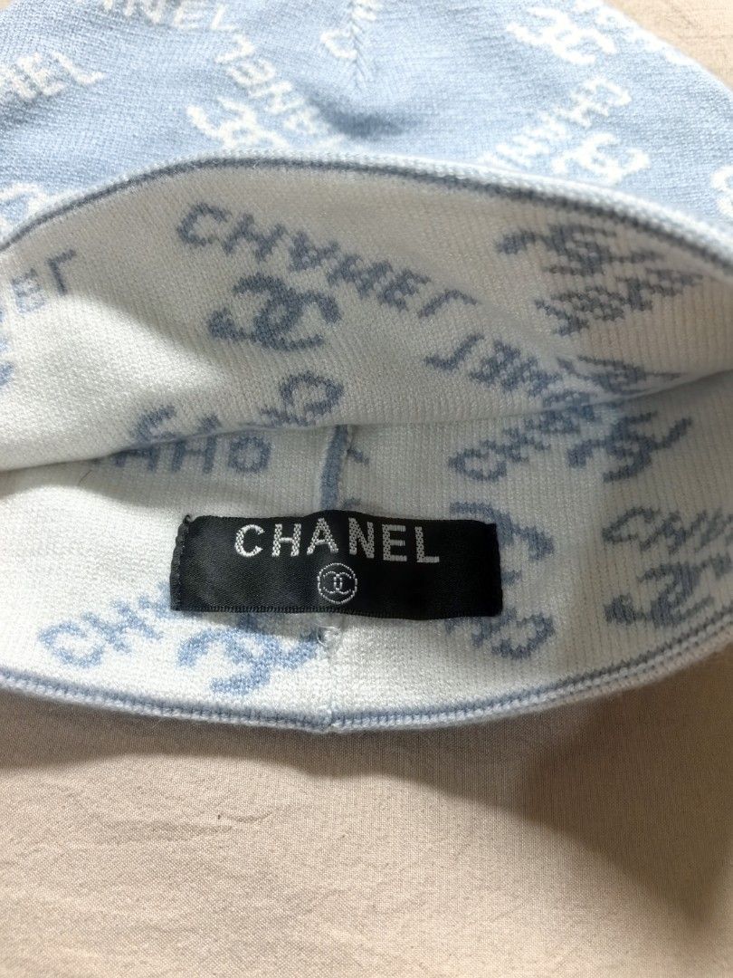 Chanel Blue White Monogram Knit Beanie Hat (Category: Hats & Beanies) located in Tacloban City. Submitted by thead.declutters (Listing ID 1470257202, Image 2). Description: - Color: Light blue - Design: Classic Chanel all-over logo print with folded ribbed cuff - Accent: Large interlocking CC logo right in the center - Interior: Features official Chanel brand label - Material: Soft, cozy knit that keeps you warm in cooler weather - Perfect statem
