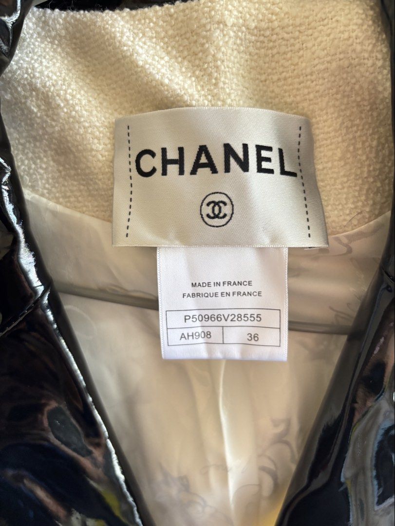 Chanel tweed (Category: Luxury Apparel) located in Manila. Submitted by kingblaize (Listing ID 1470164673, Image 2). Description: This item is an authentic Chanel Fall/Winter 2015 Ready-to-Wear collection ivory wool tweed double-breasted jacket with black patent leather accents. Designed during Karl Lagerfeld’s tenure, this statement piece features striking contrast textures and distinctive details..