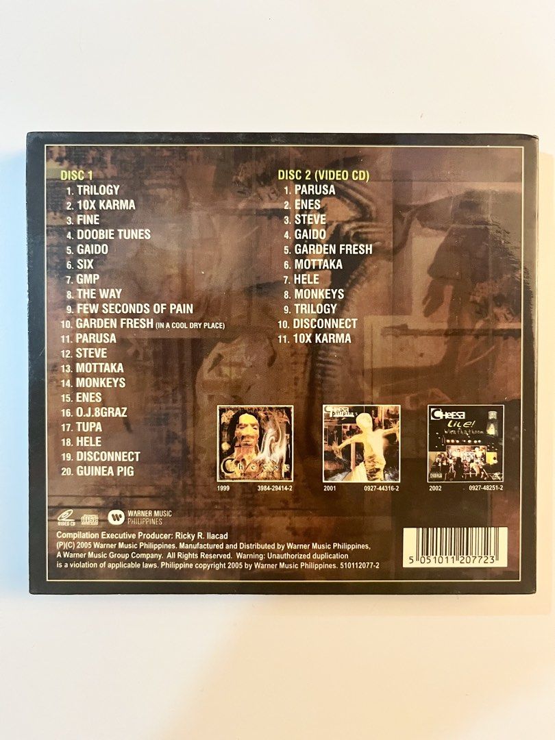Cheese - The Complete Collection 2-Disc CD & Video CD Set (OPM) (Category: CDs & DVDs) located in Calamba. Submitted by mabcollectibles (Listing ID 1470344948, Image 2). Description: - Official Warner Music Philippines double disc release - Disc 1: 20 tracks including Trilogy, 10X Karma, and Guinea Pig - Disc 2: Video CD featuring Parusa, Enes, Steve, and more - Discs are clean - Hard-to-find compilation for Pinoy rock fans Note: Please review al