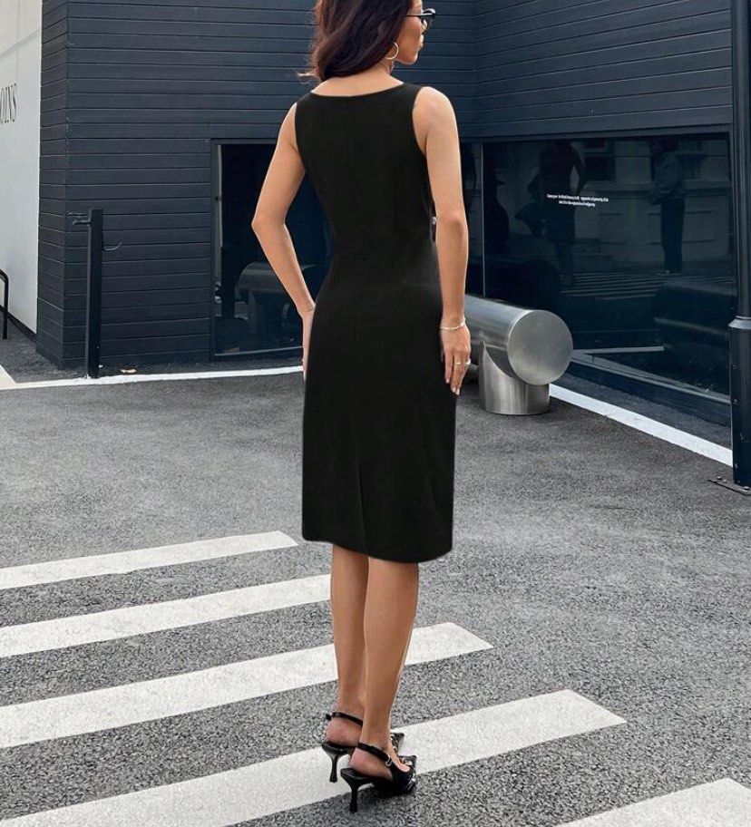 Classic Black Bodycon Midi Dress (Category: Dresses) located in Pasay City. Submitted by thrift_from_me (Listing ID 1470303408, Image 3). Description: - fits 26-28 waist, 34-38 bust - Style: Bodycon midi dress with a sleeveless cut and rounded neckline - Length: Hits right at the knee with a subtle back slit for comfortable movement - Looks amazing paired with heels and a mini handbag super nice - looks professional Rfs: lost weight + declutterin