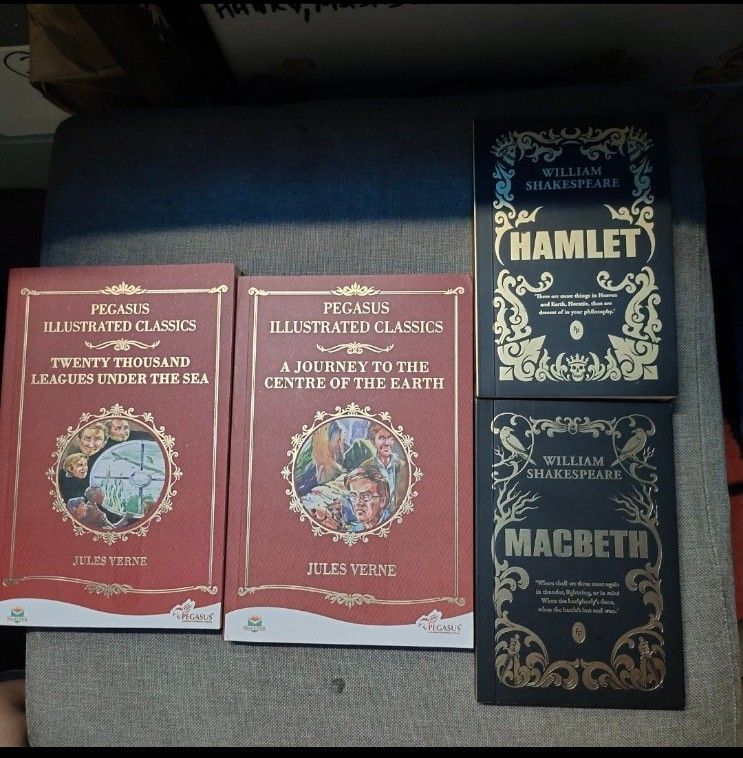 Classic Books Bundle Jules Verne and William Shakespeare (Category: Storybooks) located in Quezon City. Submitted by dncpreloved (Listing ID 1470146777, Image 1). Description: TAKE ALL - 4-in-1 Classic Literature Bundle - 2x Pegasus Illustrated Classics by Jules Verne: Twenty Thousand Leagues Under the Sea and A Journey to the Centre of the Earth - 2x Shakespeare Paperbacks: Hamlet and Macbeth with gorgeous gold foil cover designs - Condition: Cl