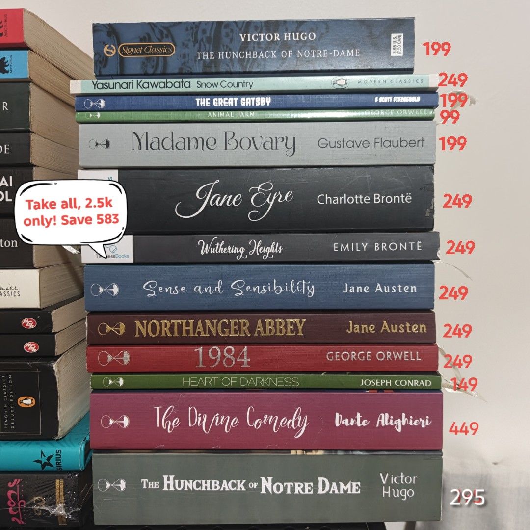 Classic Literature Book Bundle Collection (Category: Storybooks) located in Pasig City. Submitted by ravagingbooks (Listing ID 1470214265, Image 1). Description: - Classic novels available individually or as a complete set - Bundle Price: Get all books together for only ₱2,500 (Save ₱583!) - Condition: Like new * The Hunchback of Notre-Dame (Victor Hugo, Signet Classics): 199 * Snow Country (Yasunari Kawabata): 249 * The Great Gatsby (F. Scott Fi