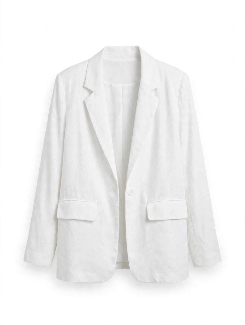 Classic White Linen Blazer Single Button Jacket (Category: Coats, Jackets and Outerwear) located in Bacolod City. Submitted by declutter.xxx (Listing ID 1470172398, Image 1). Description: Crisp white linen blazer in a standard fit featuring a single-button closure, notch lapel, and front flap pockets. Lightweight and unlined, this minimalist piece is perfect for both office wear and smart casual outfits..