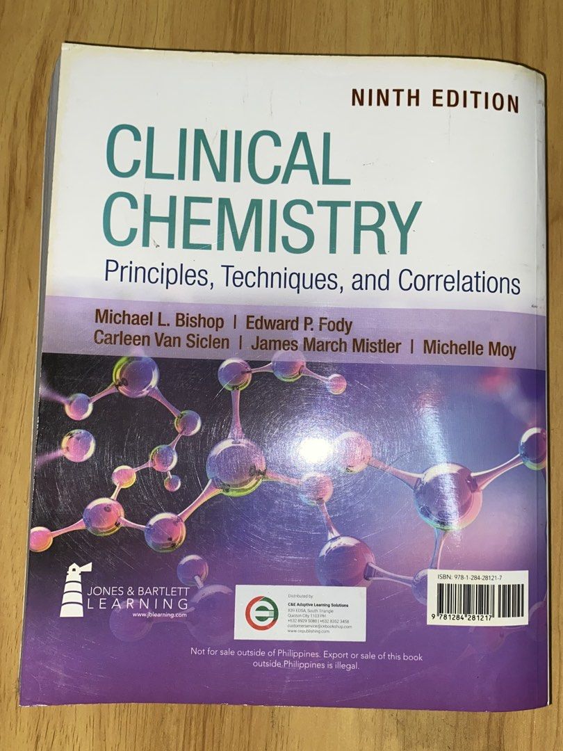 Clinical Chemistry: Principles, Techniques, and Correlations (9th Edition) (Category: Textbooks) located in Caloocan City. Submitted by elmkai (Listing ID 1470254319, Image 2). Description: 📚 Condition: Good condition * No highlights or annotations * May name sticker * Cover has yellowish discoloration 📍 Location: South Caloocan (Monumento) 💳 MOP: GCash 📦 Shipping: Lalamove / J&T Express 📌 RFS: Passed the MedTech boards. Buyer will shoulder 