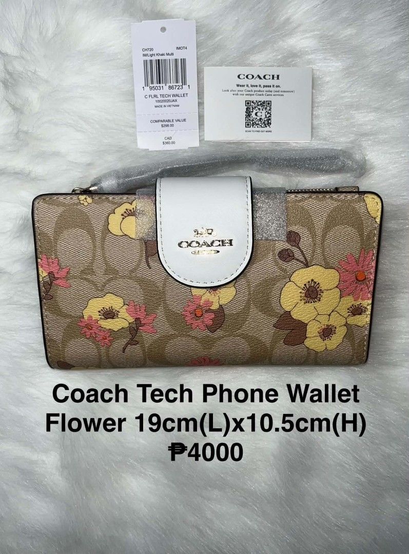 Coach Floral Print Tech Phone Wallet (Category: Wallets & Card holders) located in Imus. Submitted by maria_pilayo (Listing ID 1470344827, Image 1). Description: - Coach - 💯% Authentic, Brand new with tags and care card - Light khaki multi floral print in signature coated canvas - White leather snap closure and brown interior - Multiple card slots, ID window, and zip pocket - Dedicated phone compartment and includes wrist strap - Measurements: 1