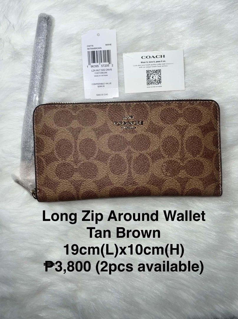 Coach Long Zip Around Wallet Tan Brown (Category: Wallets & Card holders) located in Imus. Submitted by maria_pilayo (Listing ID 1470226799, Image 1). Description: - 💯% Authentic Coach long zip around wallet - Color/Design: Tan brown signature canvas - Size: 19cm x 10cm - Interior: Multiple card slots, compartments, and zippered coin pocket - Inclusions: Original tag, care card, and protective plastic packaging - Quantity: 2 pieces available.