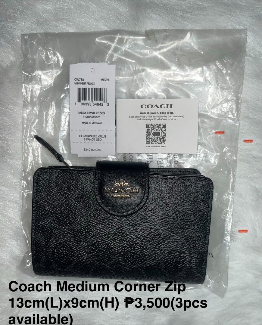 Coach Medium Corner Zip Signature Wallet Midnight Black (Category: Luxury Bags & Wallets) located in Imus. Submitted by maria_pilayo (Listing ID 1470277459, Image 1). Description: - Coach medium corner zip wallet in midnight black. - 💯% Authentic, Brand New - Signature coated canvas texture with smooth leather trim. - Gold-tone hardware and snap closure. - Multiple card slots, cash compartment, and clear ID window. - Includes exterior zippered c