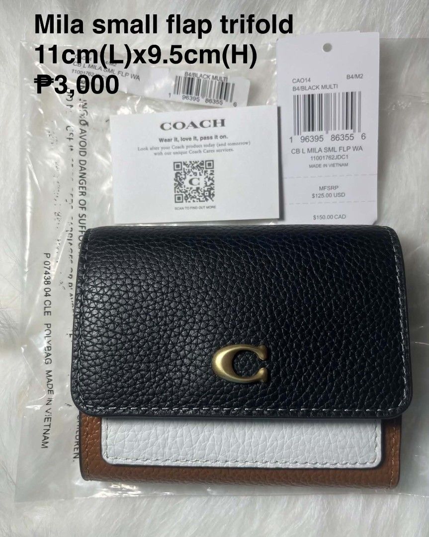 Coach Mila Small Flap Trifold Wallet Black Multi (Category: Luxury Bags & Wallets) located in Imus. Submitted by maria_pilayo (Listing ID 1470221969, Image 1). Description: - Brand: Coach - Style: 💯% Authentic Trifold wallet - Colorway: Black Multi - Dimensions: 11cm x 9.5cm - Features: Multiple card slots, cash compartments, and convenient exterior zip pocket for coins - Condition: Brand new, still in protective plastic packaging - Inclusions: 