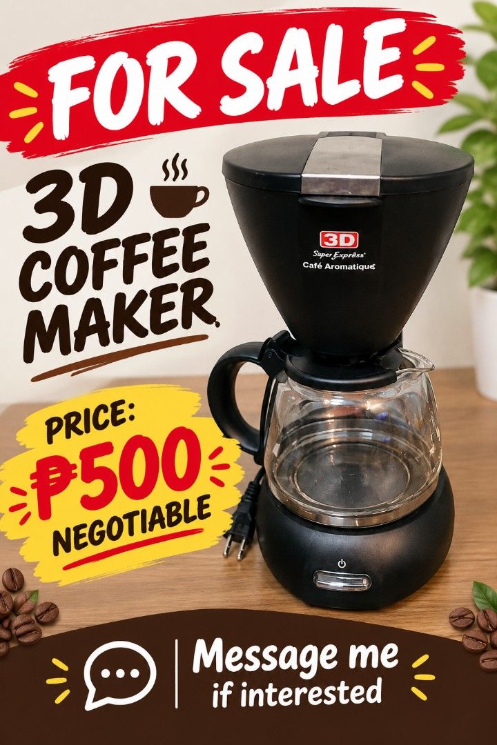 coffee maker (Category: Coffee Machines & Makers) located in Manila. Submitted by mjfinds.ph (Listing ID 1470342902, Image 1). Description: ☕ FOR SALE: 3D COFFEE MAKER 💰 ₱500 — Negotiable ✅ Black coffee maker ✅ Glass coffee pot included ✅ Compact design for home use Perfect for your daily coffee! ☕❤️ 📍 Location: pasay city 🚚 Delivery: Buyer’s expense 📩 Message me if interested! Condition: Please confirm if tested and working before posting..