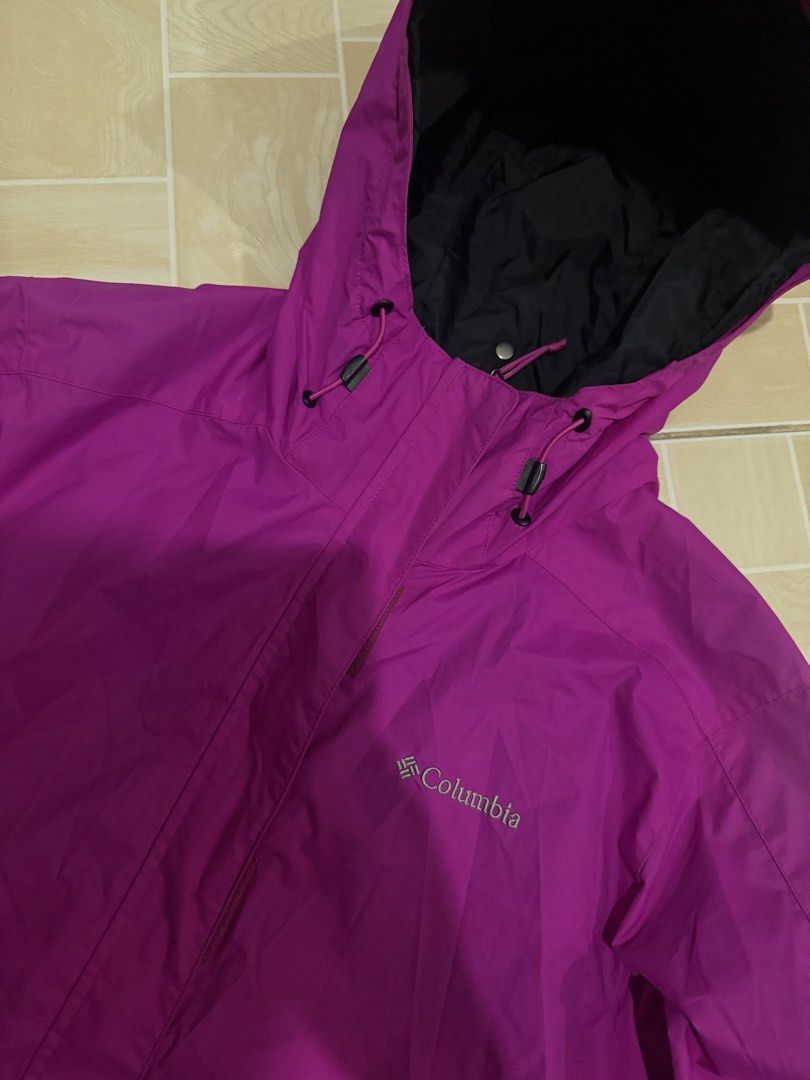 Columbia Interchange Purple Hooded Jacket Size L (Category: Coats, Jackets and Outerwear) located in Alaminos. Submitted by outfitcheck.ph (Listing ID 1470298613, Image 2). Description: - Brand: Columbia Interchange - Color: Bright purple with black interior lining - Size: L (Made in Vietnam) - Features: Attached hood with adjustable drawcords, full zip front with protective placket, and two zippered side pockets - Condition: Clean, excellent ove