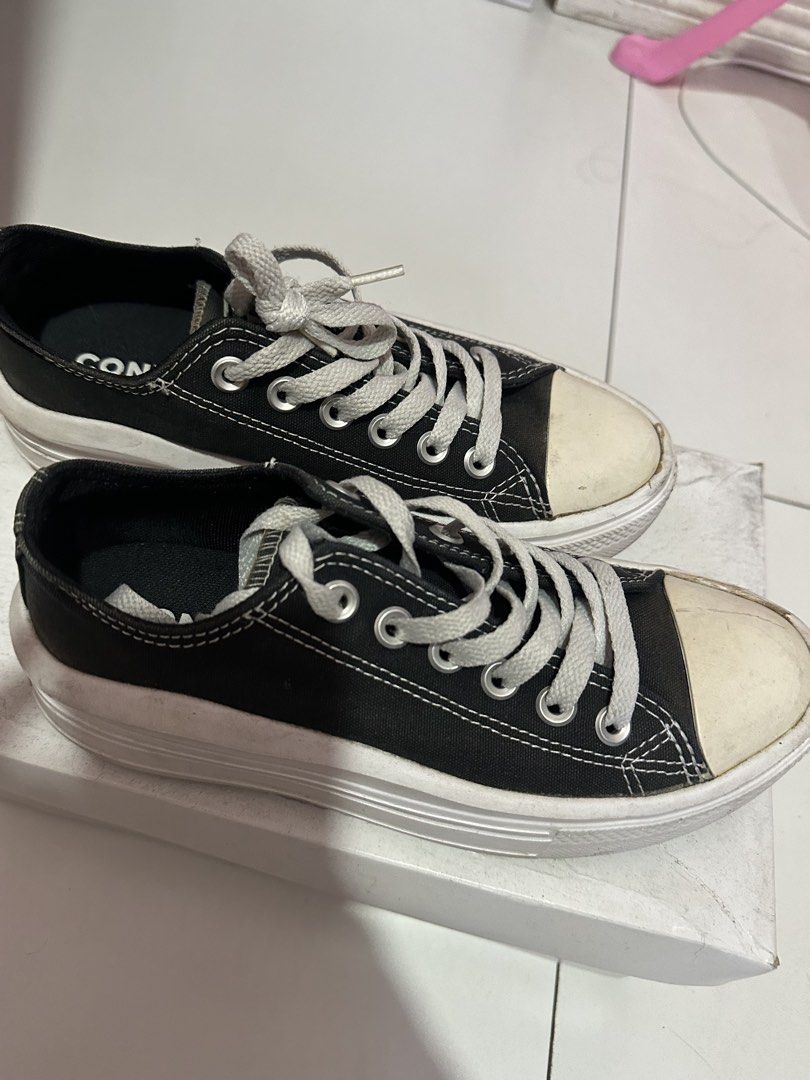 Converse Black Platform Sneakers (Category: Sneakers) located in Dasmarinas. Submitted by maecybee (Listing ID 1470181842, Image 1). Description: - Style: Classic low-top black canvas Converse with platform soles - Details: White laces and signature rubber toe caps - Condition: Worn a few times, light dirt on soles - Fit/Vibe: Super comfortable everyday kicks that easily match any outfit.
