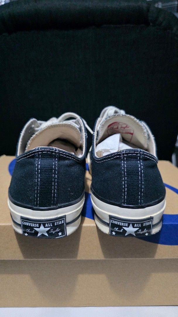 Converse Chuck 70 Low Black (Category: Casual Shoes) located in Caloocan City. Submitted by evsrs79033 (Listing ID 1470199348, Image 2). Description: - Brand: Converse - Model: Chuck 70 Low - size 8UK mens - Color: Black canvas with cream rubber midsoles and white laces - Details: Classic heel patches, black piping - Condition: 8/10 minor flaws such as sole sep, slight drags and left insole discoloration - Inclusions: Comes with original box.