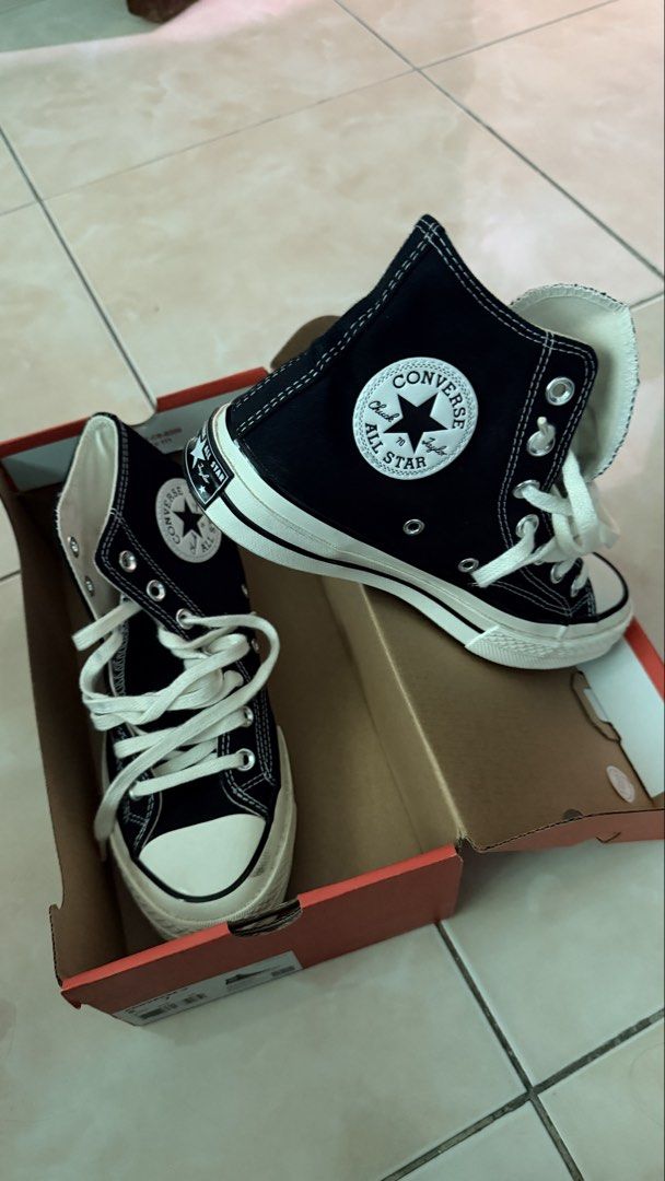Converse Chuck 70 women size 7 (Category: Sneakers) located in San Pablo. Submitted by issa8 (Listing ID 1470210946, Image 1). Description: - Brand: Converse Chuck 70 High - Color: Classic black canvas upper with egret rubber soles and toe caps - Size: Men's 5 / Women's 7 / EUR 37.5 - Condition: Soles are clean with very minimal wear overall - Inclusions: Original box - RFS: While this is my size, it is too narrow for my feet so nagpapaltos ako p