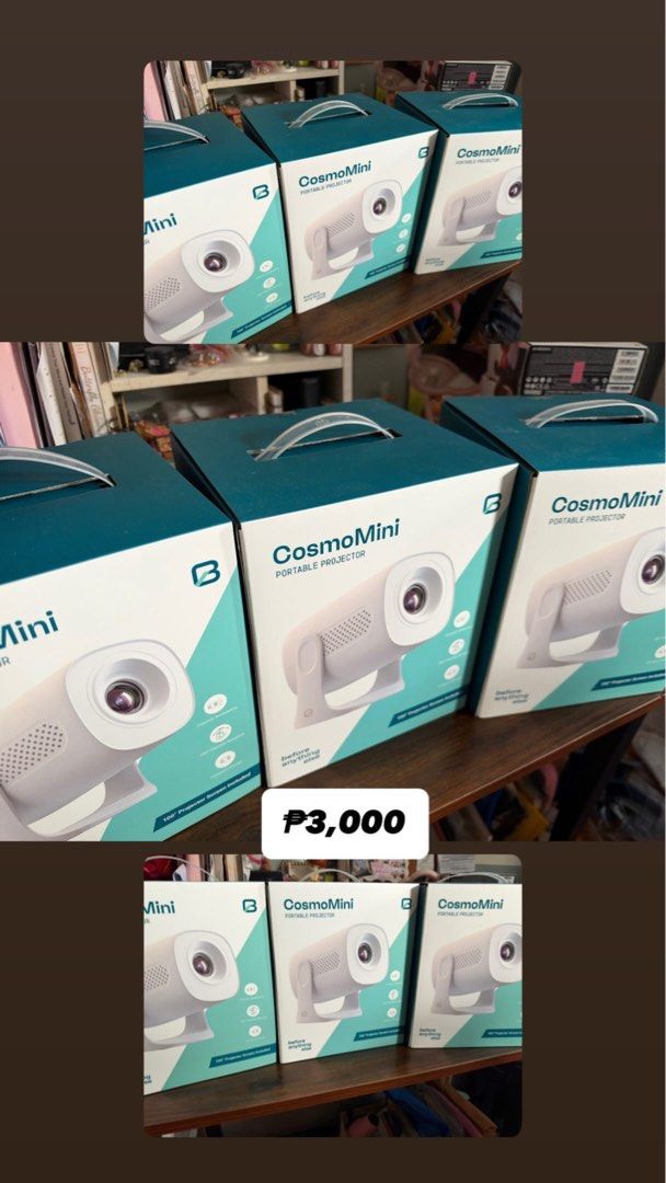 CosmoMini Portable Projector (Category: Projectors) located in Quezon City. Submitted by mhzlgsc (Listing ID 1470151015, Image 1). Description: - Item: CosmoMini Portable Projector - Price: 3,000 PHP each (Multiple units available) - Color/Design: Compact white with adjustable stand and built-in speaker - Freebie: Includes a 100-inch projector screen inside the box - Condition: Brand new and ready to ship or meet up - Perfect for: Home cinema, ga