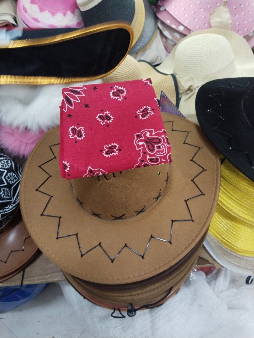 Cowboy Hat with Red Bandana Set (Category: Caps & Hats) located in Manila. Submitted by zdmal (Listing ID 1470175381, Image 2). Description: - Complete Set: Includes a stylish Western cowboy hat and a classic red paisley print bandana. - Options Available: Choose between Black felt with detailed zig-zag brim stitching or Brown suede. - Versatile Use: Ideal for costume parties, line dancing, music festivals, and themed events. - Ready to Wear: Ins