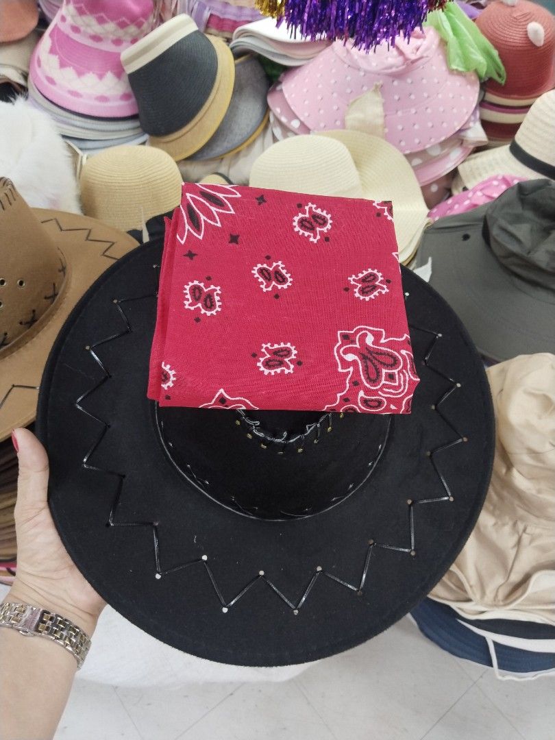 Cowboy Hat with Red Bandana Set (Category: Caps & Hats) located in Manila. Submitted by zdmal (Listing ID 1470175381, Image 1). Description: - Complete Set: Includes a stylish Western cowboy hat and a classic red paisley print bandana. - Options Available: Choose between Black felt with detailed zig-zag brim stitching or Brown suede. - Versatile Use: Ideal for costume parties, line dancing, music festivals, and themed events. - Ready to Wear: Ins