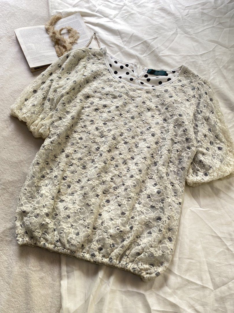 Cream Lace Blouse with Polka Dot Inner Lining Medium 38 (Category: Blouses) located in Poro. Submitted by joyceyuu (Listing ID 1470168950, Image 2). Description: .