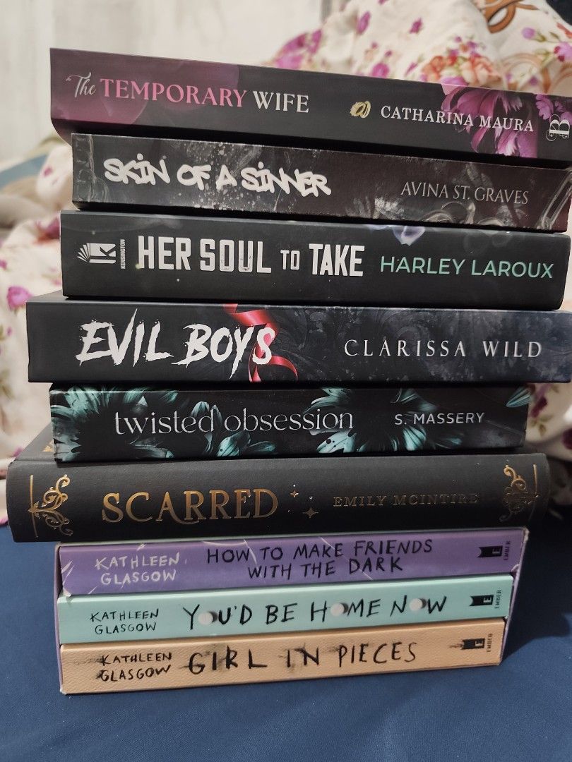Dark Romance and YA Contemporary Book Bundle (Category: Storybooks) located in Taguig. Submitted by richocaholic (Listing ID 1470257253, Image 1). Description: 📚 BOOKS FOR SALE! All prices are listed below. 𐙚 Scarred (Deluxe) — ₱800 𐙚 Her Soul to Take — ₱600 𐙚 Skin of a Sinner — ₱600 𐙚 Evil Boys — ₱700 𐙚 The Temporary Wife — ₱600 𐙚 Girl in Pieces — ₱400 each | ₱1,000 for the set 𐙚 Twisted Obsession — ₱600 📍 Location: Taguig City 🚚 MOD: 