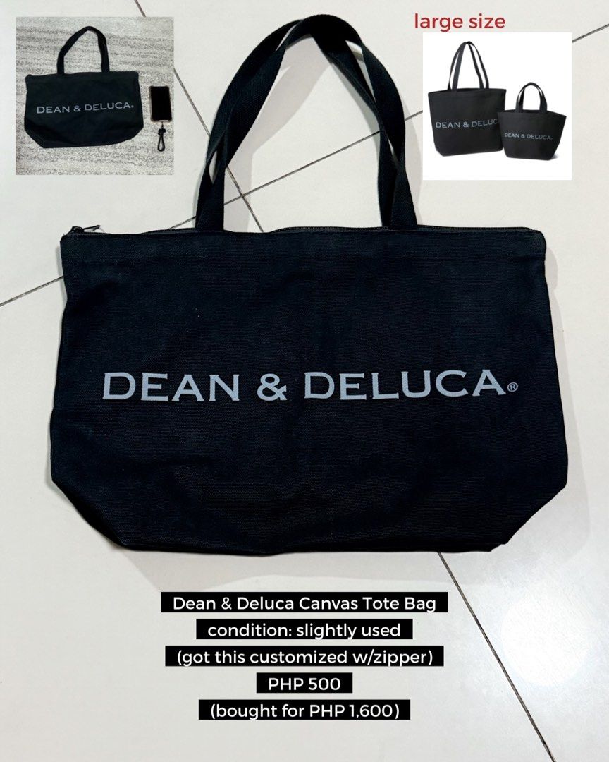 Dean & Deluca Canvas Tote Bag Large (Category: Tote Bags) located in Manila. Submitted by mkyscloset (Listing ID 1470297569, Image 2). Description: - Brand: Dean & Deluca - Style: Large canvas tote bag - Color: Black with grey logo text - Upgrades: Custom top zipper installed for extra security - Condition: Slightly used, solid and well-maintained shape - Original Price: PHP 1,600 - Perfect everyday carry-all for work, school, or errands!.