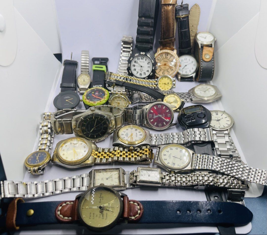Defective watches (Category: Men's Watches) located in Surigao. Submitted by curatedwatchesph (Listing ID 1470294964, Image 2). Description: Most are working. Madami faded na yung finish. As is where is. May be used for parts 22 pcs. Dm for details. Shipping vis LBC.