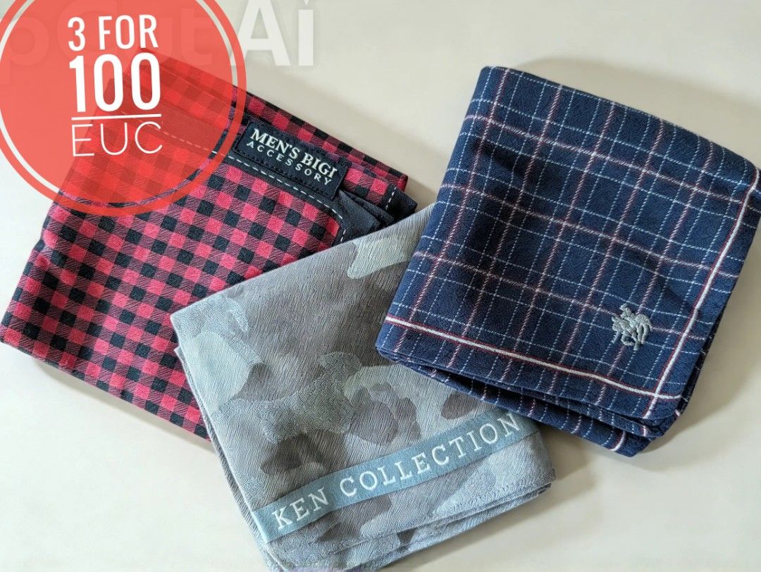 Designer Men's Pocket Squares Bundle Set of 3 (Category: Handkerchief & Pocket Squares) located in Manila. Submitted by mcmvintagefindsph (Listing ID 1470175310, Image 1). Description: - Bundle of 3 premium men's pocket squares - Brands include Men's Bigi Accessory and Ken Collection - Designs: Red/black buffalo plaid, grey camo, and dark blue plaid with embroidered logo - Soft fabric texture for easy folding - Great for styling suit jackets and 