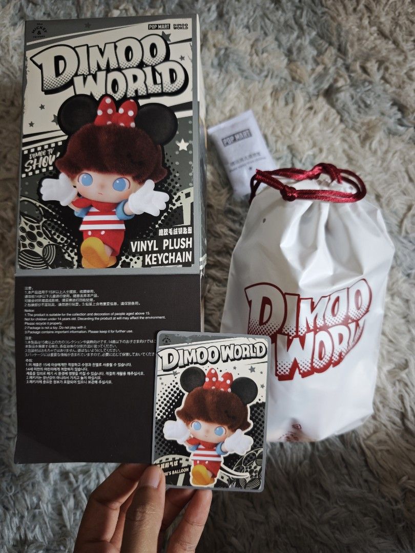 Dimoo World PopMart Mickey & Friends (Category: Plushies & Soft Toys) located in Binan City. Submitted by kimencina (Listing ID 1470158827, Image 2). Description: - Series: Pop Mart Dimoo World x Mickey & Friends - Character: Dimoo TV Show design - Condition: Opened box to verify card, foil bag is 100% sealed - Inclusions: Original box, sealed foil, ID card, and silica gel packet - Perfect for Pop Mart collectors and display -RFS: Double pull 😭.