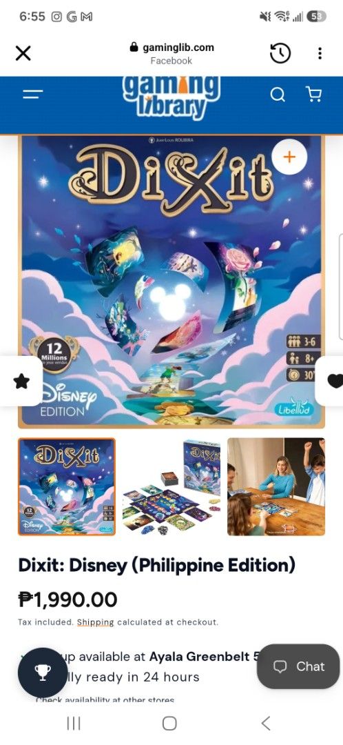 Dixit Disney Edition Board Game (Category: Board Games & Puzzles) located in Binan City. Submitted by davyltnh (Listing ID 1470335995, Image 2). Description: - Brand new and unopened in original box - Special Disney 100 edition of the popular storytelling board game - Ideal for family game nights and gatherings - Player count: 3 to 6 players - Recommended age: 8 years old and up - Playtime: Approximately 30 minutes per game SRP: Php 1990 ❌️ My Pr