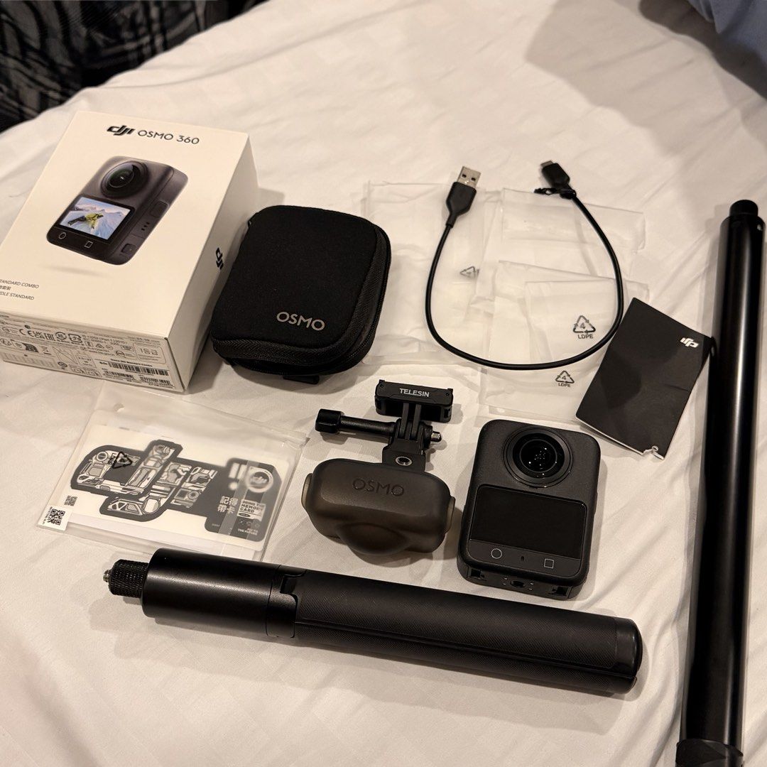 DJI Osmo 360 Camera (Category: Cameras) located in Manila. Submitted by bc040302 (Listing ID 1470280933, Image 1). Description: Slightly nego if sure buyer! - DJI Osmo 360 Camera bundle ready for immediate use - Includes ₱2,000 worth of freebies: Telesin Tripod Stand & Telesin Selfie Stick. - Also comes with Original Charger, Official Sticker, and Original Box. - Comes with original black Osmo protective carrying case & original silicone Osmo cas